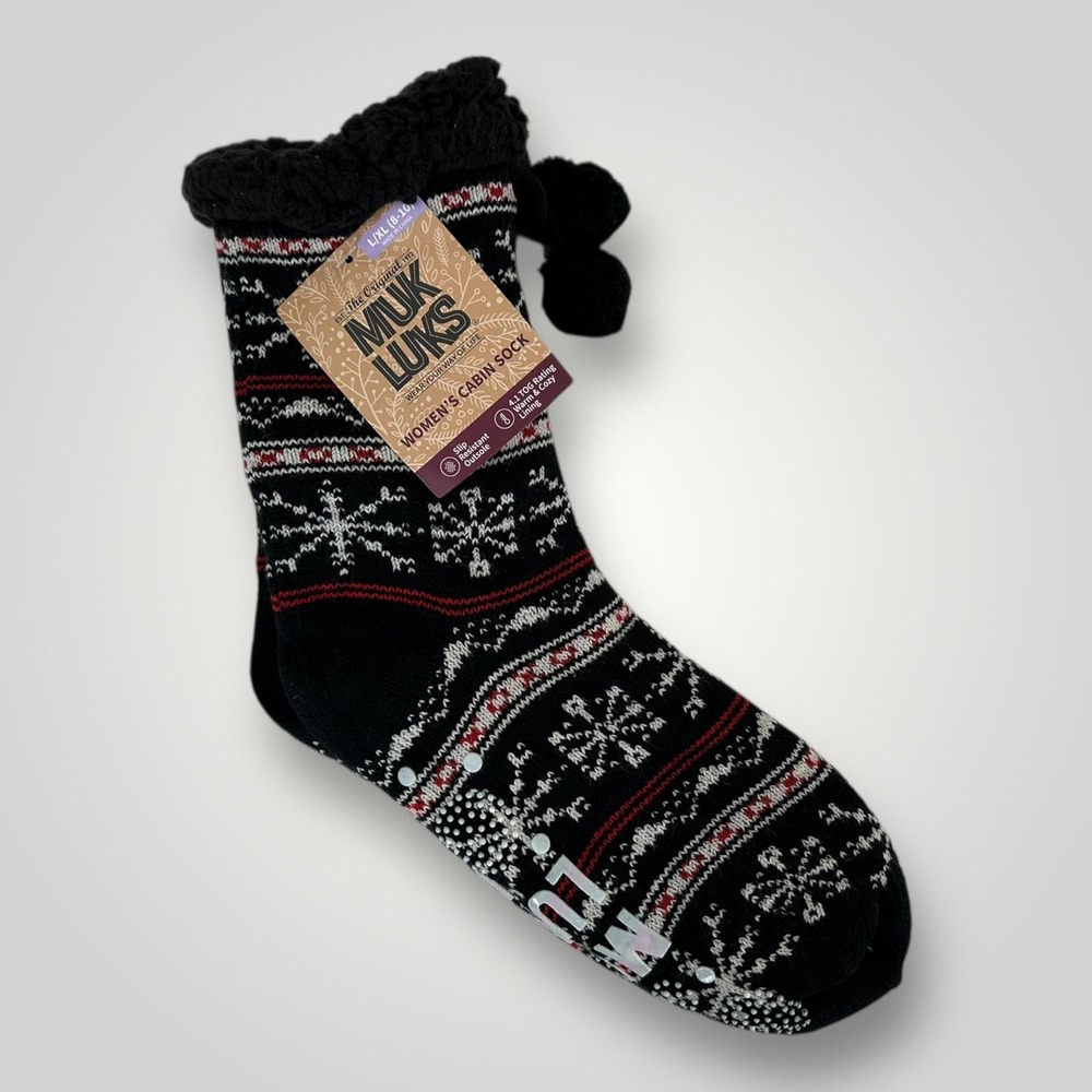 NEW Muk Luks Cabin Socks Womens L XL Black Fair Isle Faux Fur Slipper Gripper